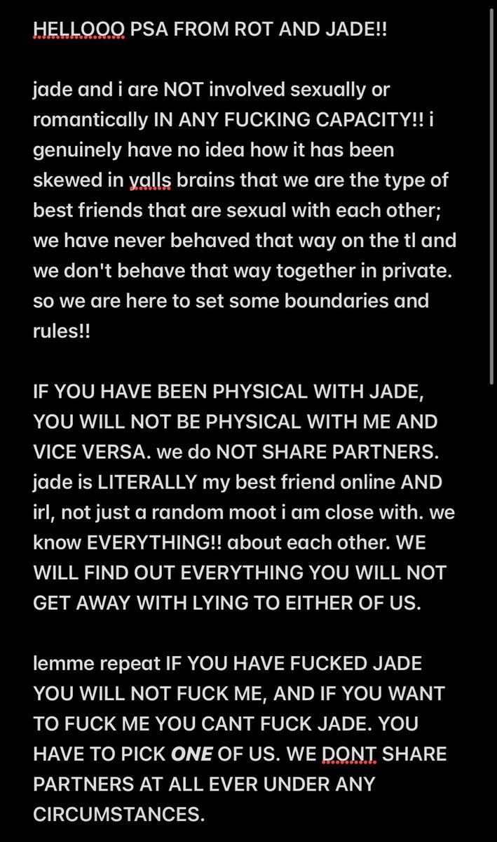 rottedslvt's tweet photo. hello PSA from yours truly and @moneybunny__ !! please give this a read if you are involved with either of us sexually i am tired of hearing about this fantasy yall have 🖤 https://t.co/2rnqNkt5cz