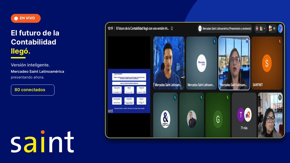 saintnet's tweet photo. Ya está en vivo.

El futuro de la Contabilidad llegó con una versión inteligente.

Mercadeo Saint Latinoamérica está presentando. 

En la sala ya van 80 conectados.

Entra ahora.
#Saint #Webinar #Contabilidad https://t.co/PMScSyyez6