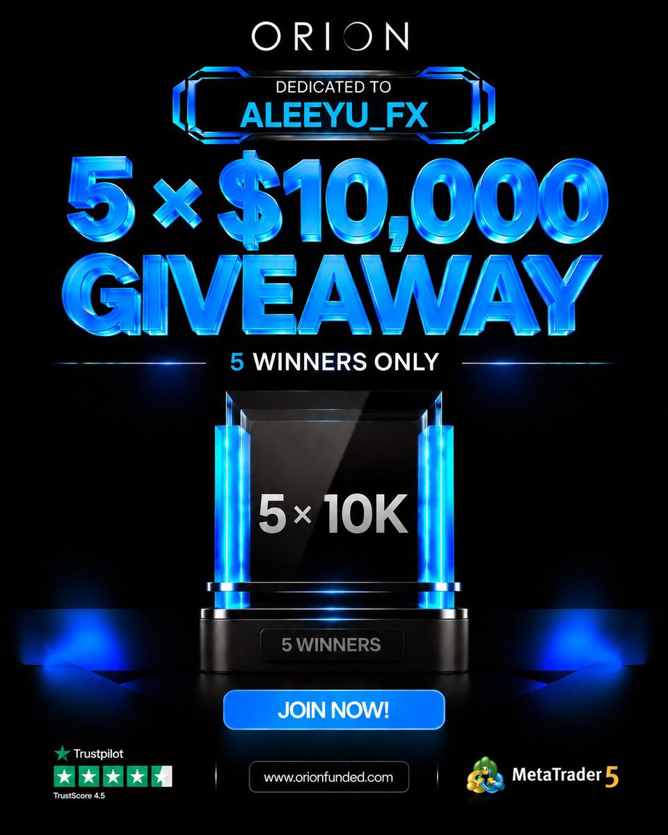 Aleeyu_fx's tweet photo. 🚨 $50,000 GIVEAWAY! 🦅🔥

 5 × $10K Orion Giveaway accounts

To enter, participants must:
• Follow @OrionAffiliates @Orionfundedcom @Aleeyu_fx 

Want to get your own Orion challenge? 👀
🔥 50% OFF your first challenge
🎟️ Code: ALEEYU_FX50

Winners in 72hrs
Good luck everyone! https://t.co/sl1i76usFs