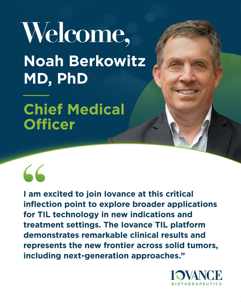 IovanceBio's tweet photo. We’re pleased to welcome Noah Berkowitz, M.D., Ph.D., as our Chief Medical Officer. He will lead our global drug development efforts as we continue advancing the Iovance TIL platform across multiple solid tumor cancers. Learn more: https://t.co/eFLrEx9mmf
 #CellTherapy https://t.co/JkUhBibp4M