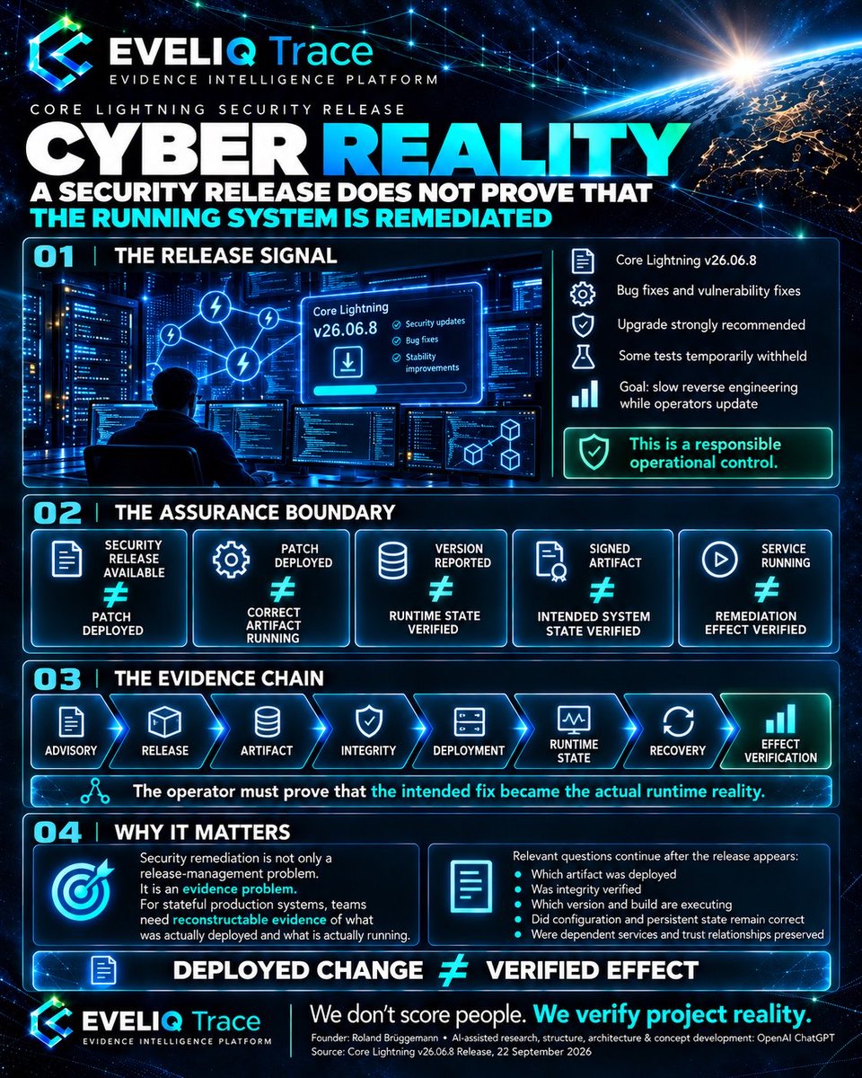 eveliqTrace's tweet photo. CYBER REALITY • A SECURITY RELEASE DOES NOT PROVE THAT THE RUNNING SYSTEM IS REMEDIATED

Core Lightning has released version 26.06.8 with bug fixes and fixes for vulnerabilities reported through responsible disclosure.

The project strongly recommends upgrading.

It has also temporarily withheld a small number of tests to make it harder to identify and reverse-engineer the underlying vulnerabilities while network participants have time to update.

That is a responsible operational control.

But it creates an important assurance boundary:

SECURITY RELEASE AVAILABLE ≠ PATCH DEPLOYED

PATCH DEPLOYED ≠ CORRECT ARTIFACT RUNNING

VERSION REPORTED ≠ RUNTIME STATE VERIFIED

SIGNED ARTIFACT ≠ INTENDED SYSTEM STATE VERIFIED

SERVICE RUNNING ≠ REMEDIATION EFFECT VERIFIED

The distinction matters because security remediation is not only a release-management problem.

It is an evidence problem.

For a stateful production system, the relevant questions continue after a security release becomes available:

Which artifact was actually deployed?

Was its integrity verified?

Which version and build are actually executing?

Did configuration or persistent state remain correct?

Were dependent services and trust relationships preserved?

Did the remediation close the intended exposure without creating an unintended operational state?

That creates a stronger evidence chain:

ADVISORY
→ RELEASE
→ ARTIFACT
→ INTEGRITY
→ DEPLOYMENT
→ RUNTIME STATE
→ RECOVERY
→ EFFECT VERIFICATION

Core Lightning’s upstream response provides the security update.

The next assurance step belongs to the operator:

proving that the intended fix became the actual runtime reality.

That principle extends far beyond Lightning infrastructure.

It applies to containers, cloud workloads, CI/CD pipelines, databases, identity systems and any environment where deploying a change is not the same as verifying its effect.

EVELIQ Trace is focused on making that distinction reconstructable:

what was intended, what was authorized, what was deployed, what actually ran, and what effect followed.

EVELIQ Trace • Evidence Intelligence Platform.

Founder: Roland Brüggemann
AI-assisted research, structure, architecture & concept development: OpenAI ChatGPT

Source: Core Lightning v26.06.8 Release, 22 September 2026

#CyberSecurity #EVELIQTrace