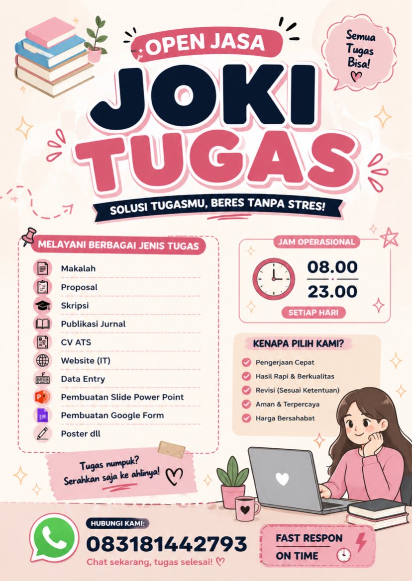 SofiJoki's tweet photo. 🔆OPEN JOKI ALL TUGAS🔆
Skripsi, Proposal/Makalah, Revisi, PPT dll
https://t.co/YoNAtjC4Bu…

 #zonauang #joki #jokitugas #zonajoki https://t.co/f33bxldphd