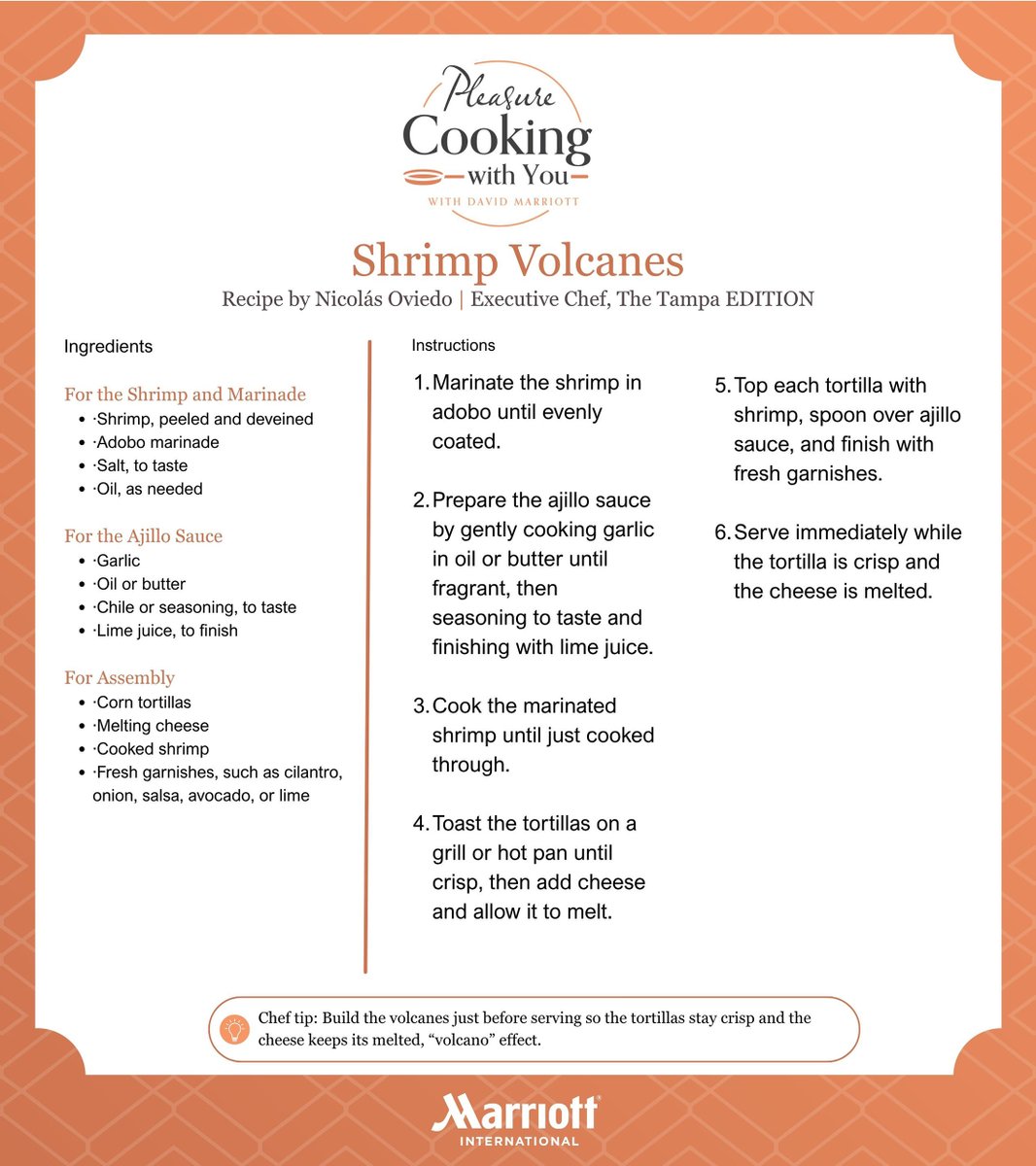 MarriottIntl's tweet photo. As soccer fans prepare to watch Mexico face the U.S. Men’s National Team this weekend in an international friendly, we’re revisiting a game day recipe from Nicolás Oviedo, Executive Chef at The Tampa EDITION. https://t.co/SDQ4NHxMDB

Chef Nicolás’ shrimp volcanes are his take on a Mexican street food made with a crisped or toasted tortilla topped with melted cheese, sauces, and fresh garnishes. They are open-faced like a tostada, but traditionally grilled or toasted rather than fried.

Discover why volcanes are the perfect dish to enjoy during a soccer match and watch Chairman of the Board David Marriott and Chef Ben Tenner tackle Chef Nicolás’ recipe.

#HispanicHeritageMonth