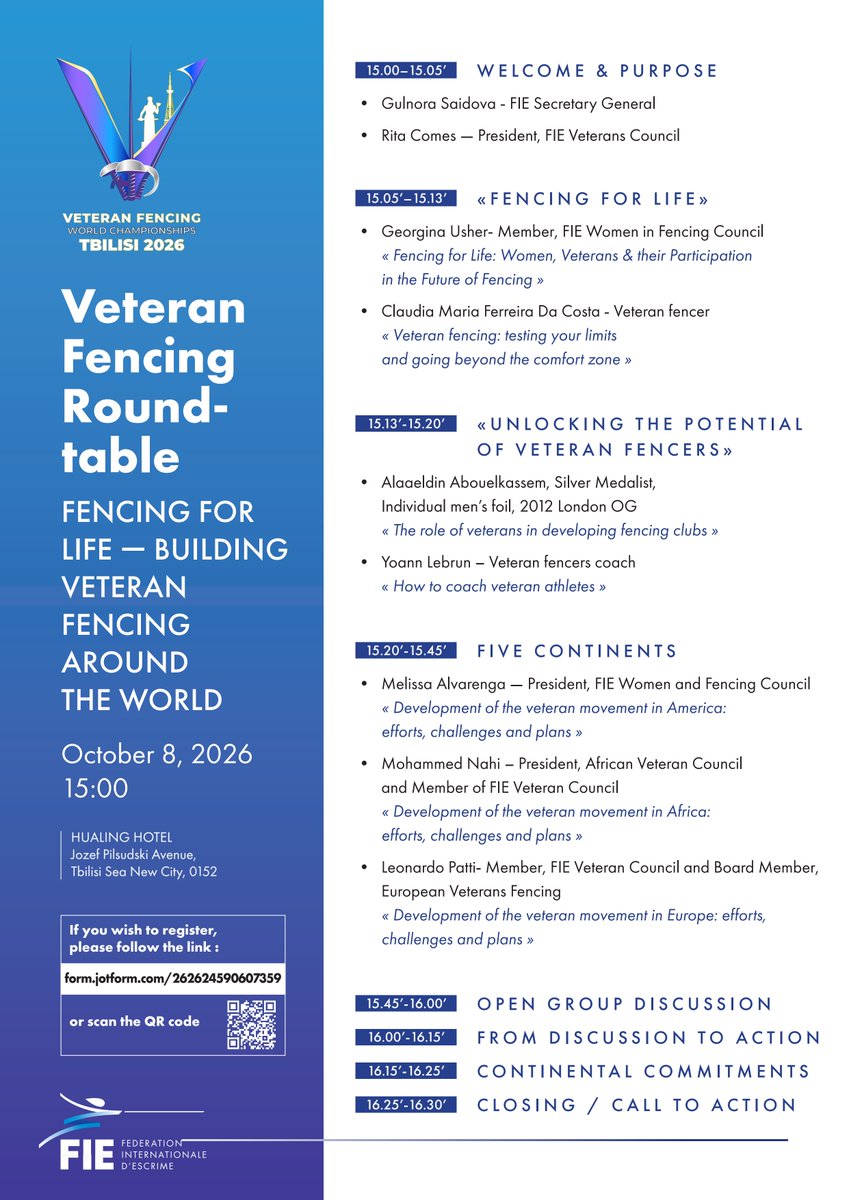 FIE_fencing's tweet photo. The FIE Veteran Fencing Roundtable takes place on 8 October at 15:00 at the Hualing Hotel in Tbilisi, right before the Veteran World Championships!🤺

The theme is "Fencing for Life: Building Veteran Fencing Around the World," and the goal is practical: how to keep fencers 40+ in the sport, and how to bring back the many former fencers who want to return but are held back by equipment, coaching, facilities or travel costs.

On the programme:

🔹Speakers from Europe, Africa and the Americas on where veteran fencing stands in their regions
🔹A new "How to Build a Veteran Fencing Programme" handbook
🔹The launch of the Donate Your Fencing Gear initiative
🔹A proposed pilot for Veteran World Cups within the Continental Zones

📨 You don't need an established veteran programme to take part. Federations just starting out may well have the most useful questions.

If you work in a national federation, coach veterans or compete yourself, please join us!

👉🏻 Register here: https://t.co/ucrmAkcvS9 
👉🏻 Learn more about the roundtable: https://t.co/SgLnhr135P

#fencing #escrime #esgrima #scherma