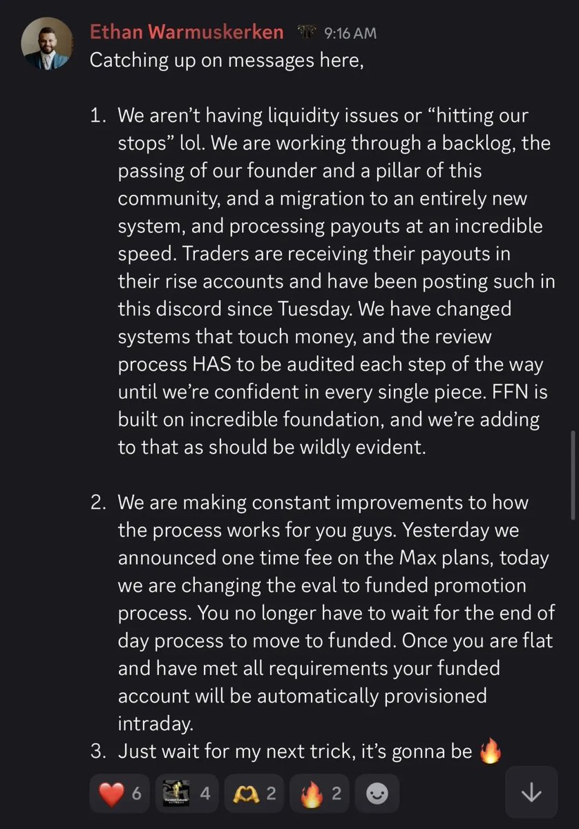 raven_futures's tweet photo. @FFNFunding The CEO of FFN lying because they’re going insolvent.

Not 1 trader has gotten their payouts on rise and no one in the discord showed any evidence of it either.

One month long payout delays. Do not trade with them. https://t.co/7NUN5QRPGo