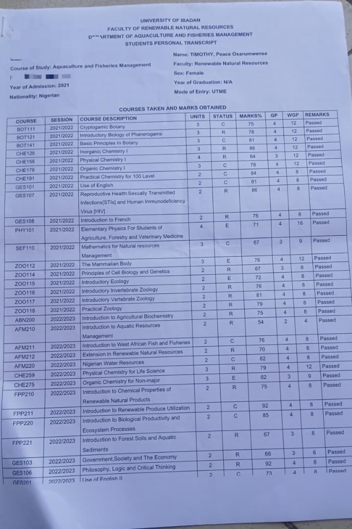 sharonnnnn__'s tweet photo. @akintollgate Good afternoon, sir. I am posting for a course mate whose Twitter is suspended. She is a final-year First Class Aquaculture &amp; Fisheries Management student at UI (CGPA: 3.7/4.0). This support towards her academic expenses would mean a lot. Thank you. https://t.co/uSAbwaGKVJ