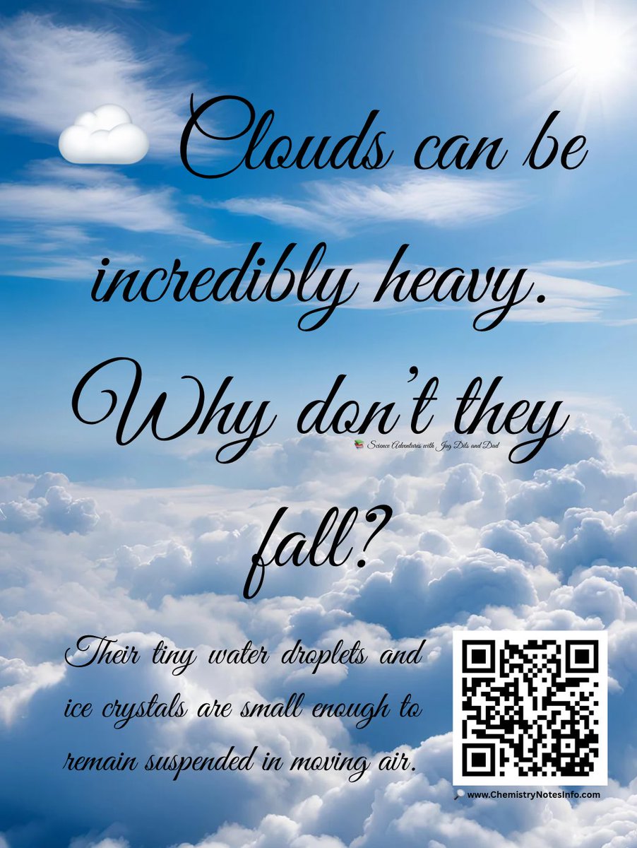 ChemNotesInfo's tweet photo. ☁️ Clouds can be incredibly heavy. Why don’t they fall?
    Ans: Their tiny water droplets and ice crystals are small enough to remain suspended in moving air.
https://t.co/uhcx4FhUMu
#clouds #science #curiosity #gk #knowledge https://t.co/Ez6bc8ZRWe
