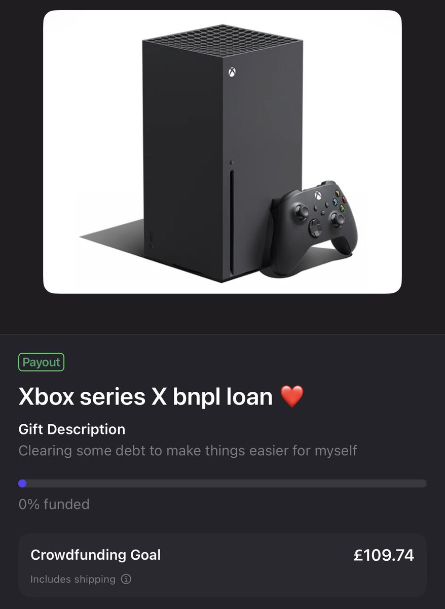 NeonNinjaaa's tweet photo. I have been convinced to add the rest of my console loan to my throne as I am struggling with it ❤️

It’s just to help me start to get rid of some of the debt I’m in to hopefully ease the burden❤️

https://t.co/jX0S7SSwv2
#poketwt #thronetwt #xbox #wishlist #bnpl #gaming #throne https://t.co/iV0KQJ30kQ