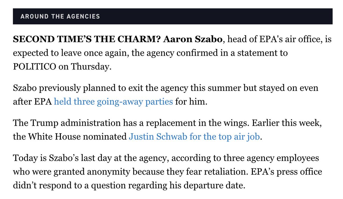 KevinBogardus's tweet photo. Aaron Szabo — head of the Trump EPA air office, a dereg hub of this admin — is expected to leave once again

Today is his last day at EPA, 3 agency employees told @alexcguillen and me https://t.co/C6B2JeIKcG