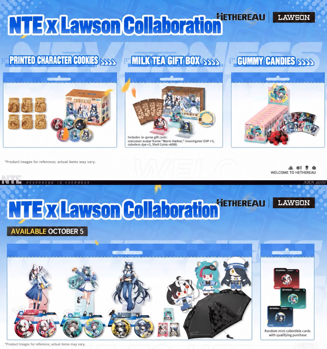 Cczhenz's tweet photo. The official merchandise list for the NTE x Lawson collaboration is here! 

👉 https://t.co/u3pF3ZnZk2
#nte #nevesstoeverness https://t.co/2tJmtyS4MA