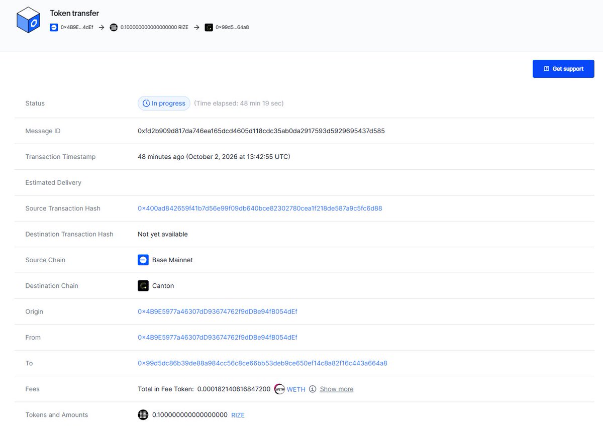 TOKERIZE_TOP's tweet photo. JUST IN 🟢 : the first on chain transaction moving base:0x9818b6c09f5ecc843060927e8587c427c7c93583 tokens between Base and Canton Network mainnet appeared on Chainlink CCIP👀

The team mentioned there is currently an upgrading on RIZE CCIP implementation, and recommended to avoid performing RIZE cross chain transfers until further noice, as transfers may fail until everything is fully implemented.

RIZE TO CANTON, FINALLY🤯