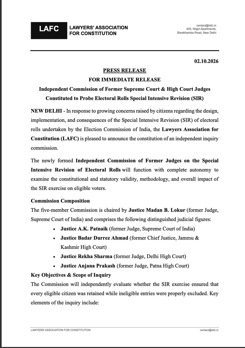 LiveLawIndia's tweet photo. #BREAKING Lawyers Associations For Constitution forms an independent commission comprising former Judges to conduct an inquiry into the validity and impact of SIR exercise.

The commission will be led by Justice MB Lokur (former SC Judge) and will also consist of :

Justice AK Patnaik (former SC Judge)

Justice Badar Darrez Ahmad (former CJ, J&K HC)

Justice Rekha Sharma (former Delhi HC Judge)

Justice Anjana Prakash (former Patna HC Judge).

Senior lawyers Kapil Sibal @KapilSibal , Prashant Bhushan @pbhushan1 , CU Singh, PC Sen, Raju Ramachandran, Rebecca M John, Warisha Farasat, Vrinda Grover @vrindagrover , etc will give legal assistance to the Commission.

The Commission will conduct public hearings and will attempt to release a report by December 2026.
