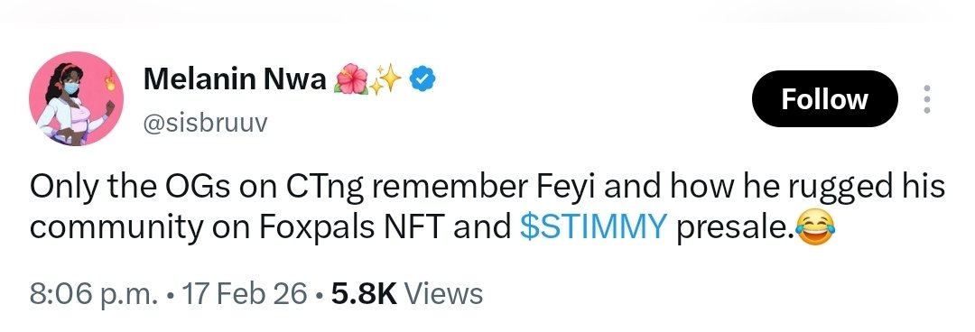 Fijacyber_'s tweet photo. Yeah... rebranding won't save you, Feyi.
You made it by rugging CTNG.
=> Speak against rugs and kols
=> Positioned as the only good kol on CT
=> Proceeds to launch Foxpal NFT and $STIMMY
=> RUGS BOTH. Then he went into extinction.
=> Blocks everyone.
Street never forgets. https://t.co/L2Drfrdc8M