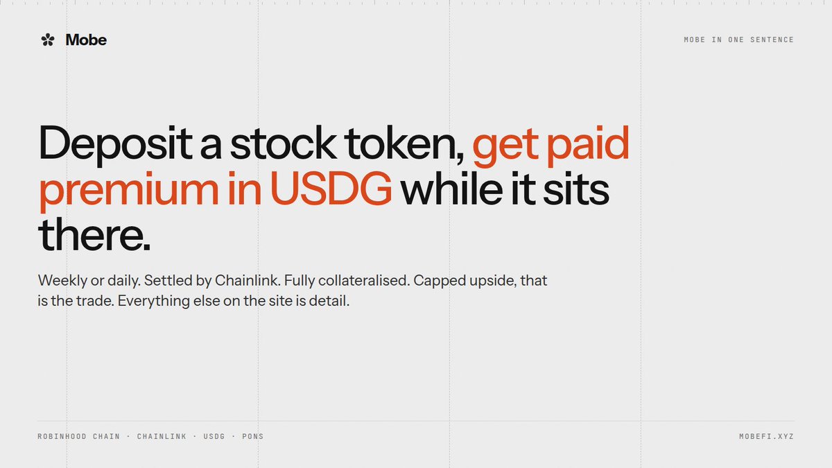 useMobeFi's tweet photo. Deposit a stock token, get paid premium in USDG while it sits there.

Weekly or daily. Settled by Chainlink. Fully collateralised. Capped upside, that is the trade.

Everything else on the site is detail.

https://t.co/WBL7PKetVn https://t.co/FFrg2cL4qC