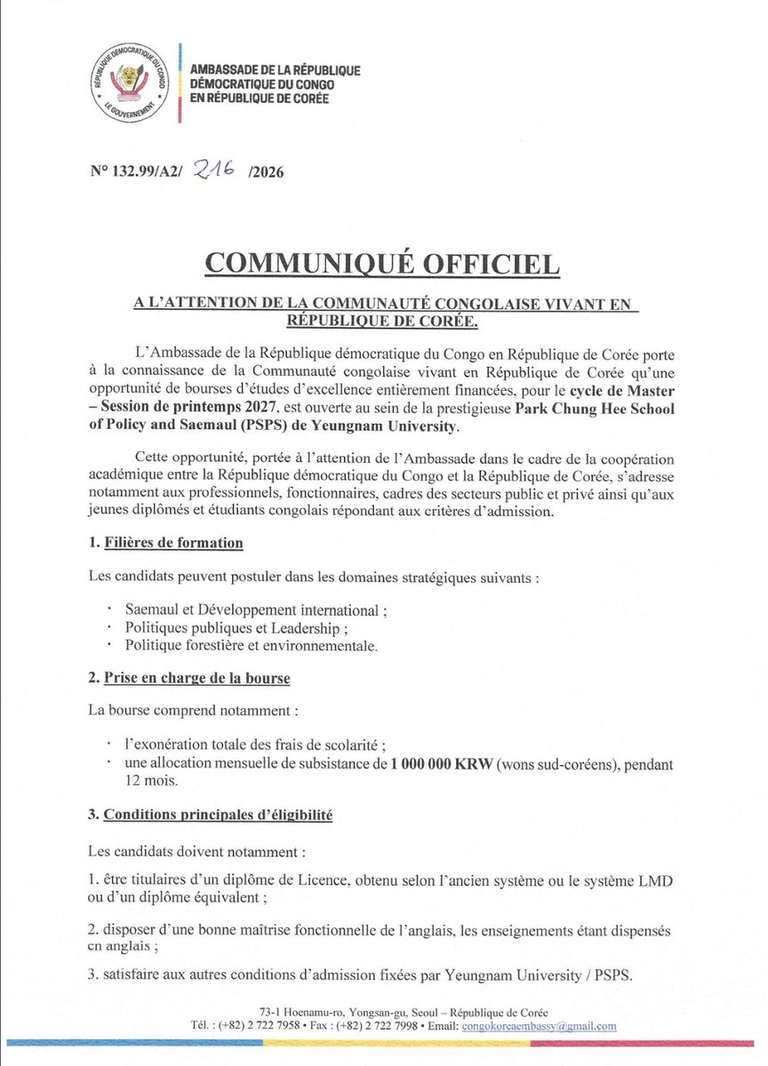 DRCinKorea's tweet photo. 🤝🇰🇷 La diplomatie académique au service des Congolais !
​L’Ambassade de la RDC a informé la communauté congolaise de la disponibilité de bourses de Master 100 % financées (scolarité + 1 million KRW/mois) à l'Université Yeungnam.
@RDC_Minafet
@AmbassadorIleka 
@kayikwambaT https://t.co/lyq8qVah9U