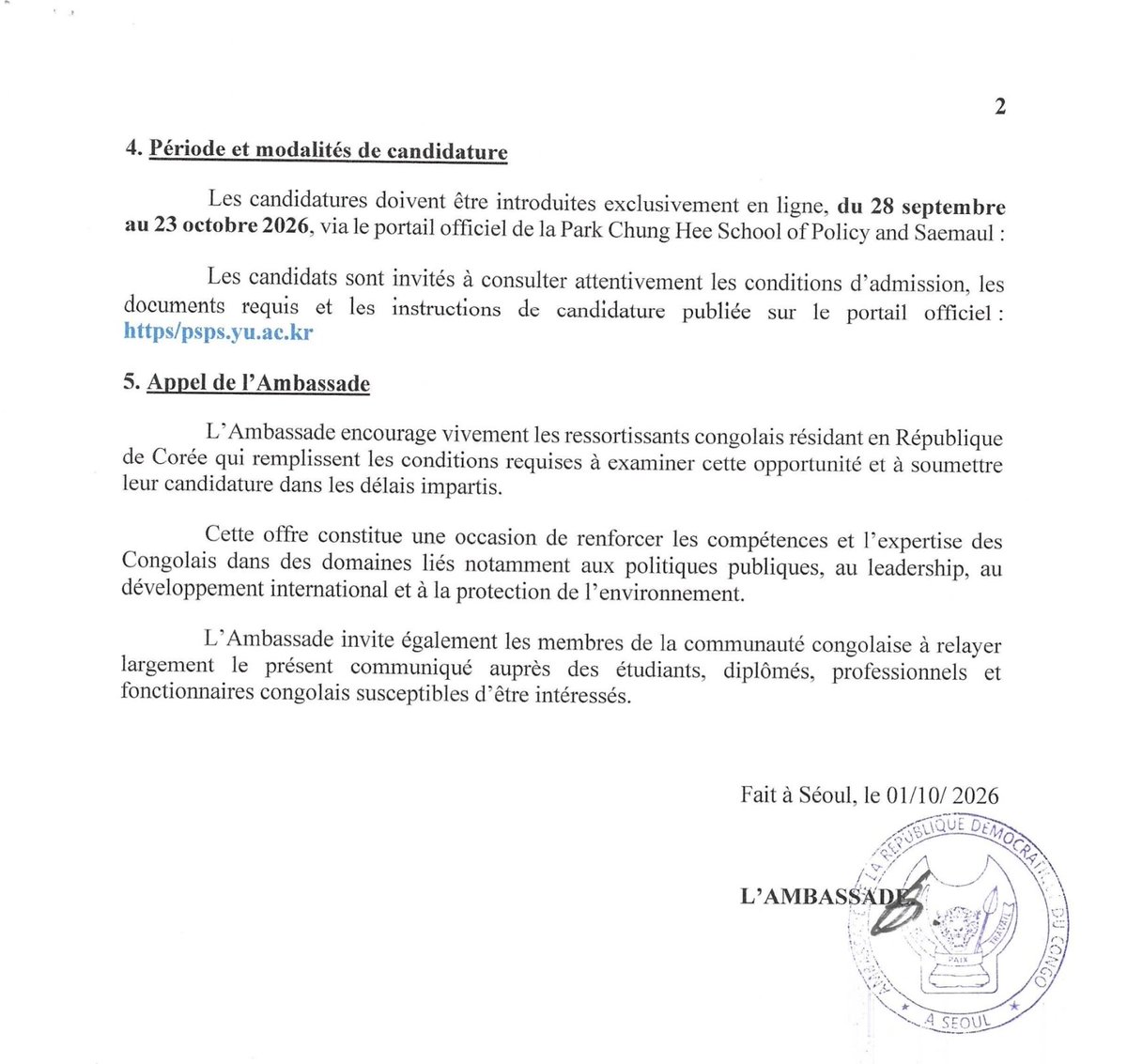 DRCinKorea's tweet photo. 🤝🇰🇷 La diplomatie académique au service des Congolais !
​L’Ambassade de la RDC a informé la communauté congolaise de la disponibilité de bourses de Master 100 % financées (scolarité + 1 million KRW/mois) à l'Université Yeungnam.
@RDC_Minafet
@AmbassadorIleka 
@kayikwambaT https://t.co/lyq8qVah9U