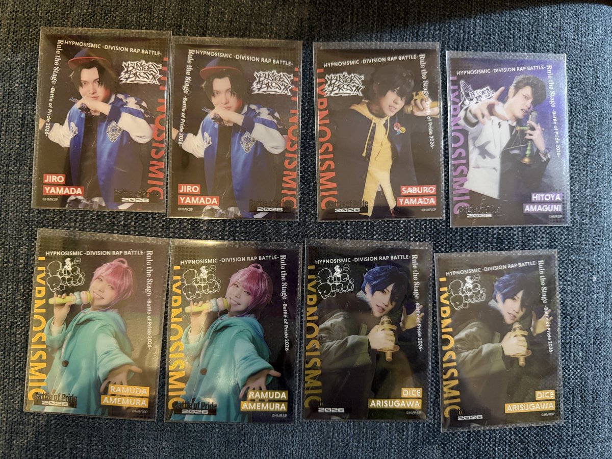 st_torihiki's tweet photo. 【交換/譲渡】ヒプノシスマイク ヒプステ BoP
《譲》ミニブロマイド：三郎　幻太郎　一二三　独歩　簓　ハル　谷ヶ崎　合歓　一愛　蒼乃風
クリアカード：二郎2　三郎　乱数2　帝統2 　獄
《求》左馬刻(キンレコ特典 左馬刻も可)
または500円(＋送料) https://t.co/NqPs5it0Fs
