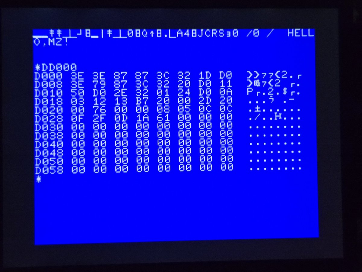 makorinya's tweet photo. 今日は10月2日、、1002、、

ということで、MZ-80の ** MONITOR SP-1002 ** を思い出すなど。
モニタとは言っても、コマンドがLOAD/FD/SG/SS/GOTO$ しかないので、ただのIPLじゃーん、、と言われればそれまでですが、、
キーボード入力が、PC-8001やBM-L2のモニタ画面と違ってフルスクリーンエディタってところがミソで、画面に直接、文字を打ち込んでGOTOで実行できるという、なんともマニアックな芸当が可能なのでした。
VRAMは$D000からで、ここにZ80のOPコードに相当するディスプレイコード(ASCIIに非ず)の文字を入力するのです。
ただし、キーボードからは入力できない文字(セミグラフィック文字とか)があるので、その場合はコードを自己書き換えする必要があるという。。

今回は、倉庫の奥底からMZ80Cを引っ張りだすのが面倒だったので、MZ-1500で再現してみました。MZ-1500だとモニタコマンドが拡充されて、普通にメモリ書き換え入力もできますが、それでは不粋というもの。逆にMZ80よりキーボード入力不可文字が多いのでハードルが高いという。。
HELLO,MZ!・・とりあえず動きました。面倒だったので最後はHLTで終了。

#MZ80 #Z80 #レトロPC