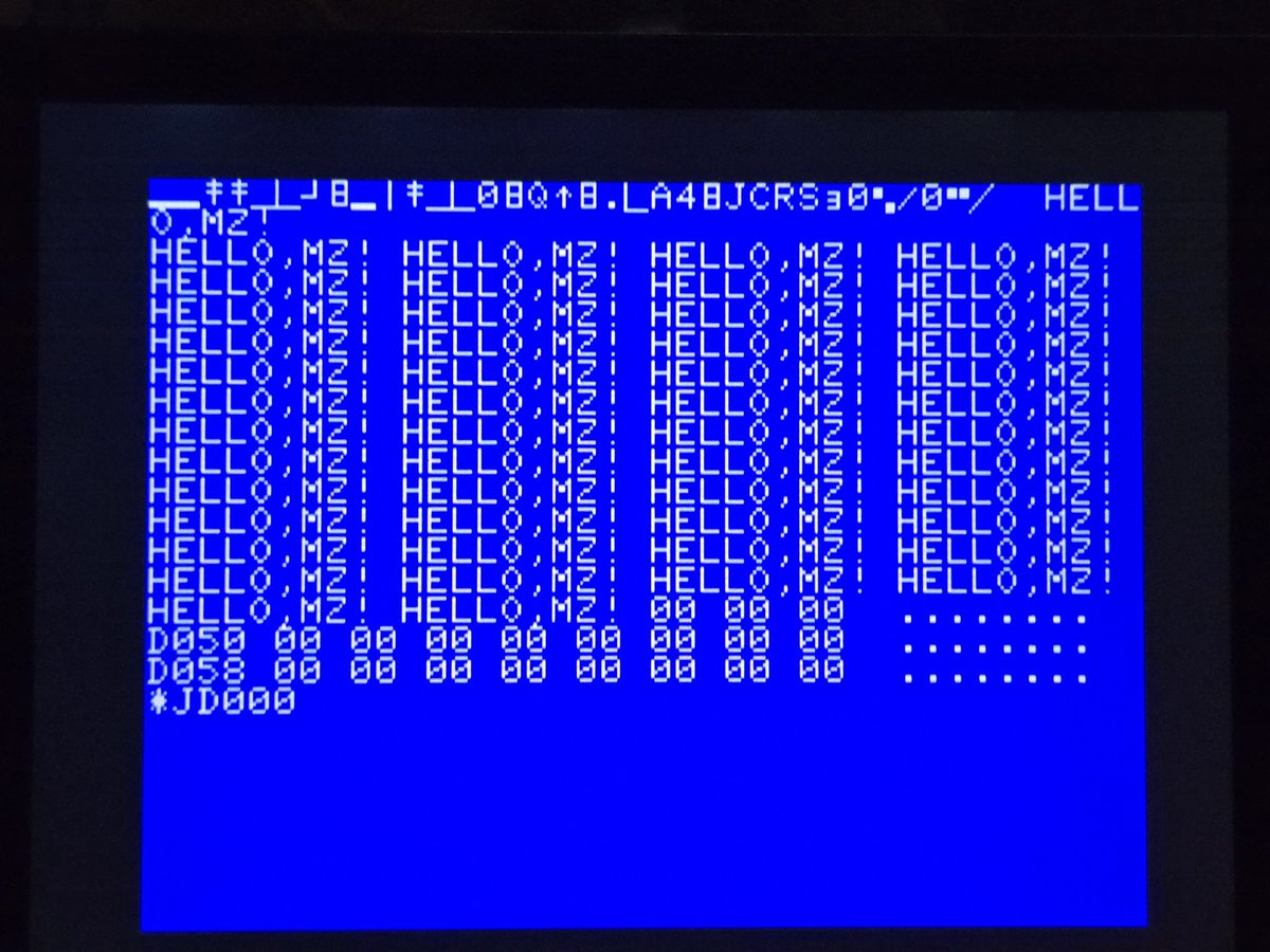 makorinya's tweet photo. 今日は10月2日、、1002、、

ということで、MZ-80の ** MONITOR SP-1002 ** を思い出すなど。
モニタとは言っても、コマンドがLOAD/FD/SG/SS/GOTO$ しかないので、ただのIPLじゃーん、、と言われればそれまでですが、、
キーボード入力が、PC-8001やBM-L2のモニタ画面と違ってフルスクリーンエディタってところがミソで、画面に直接、文字を打ち込んでGOTOで実行できるという、なんともマニアックな芸当が可能なのでした。
VRAMは$D000からで、ここにZ80のOPコードに相当するディスプレイコード(ASCIIに非ず)の文字を入力するのです。
ただし、キーボードからは入力できない文字(セミグラフィック文字とか)があるので、その場合はコードを自己書き換えする必要があるという。。

今回は、倉庫の奥底からMZ80Cを引っ張りだすのが面倒だったので、MZ-1500で再現してみました。MZ-1500だとモニタコマンドが拡充されて、普通にメモリ書き換え入力もできますが、それでは不粋というもの。逆にMZ80よりキーボード入力不可文字が多いのでハードルが高いという。。
HELLO,MZ!・・とりあえず動きました。面倒だったので最後はHLTで終了。

#MZ80 #Z80 #レトロPC