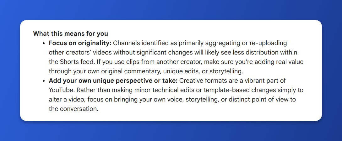 1of10media's tweet photo. ANOTHER YOUTUBE CHANGE: They're updating the way the recommendation system prioritizes Shorts.

Bad news for clippers, great news for people creating original content.

Would be interesting to see if similar changes come to long-form content too. https://t.co/fGdKsiDQeq