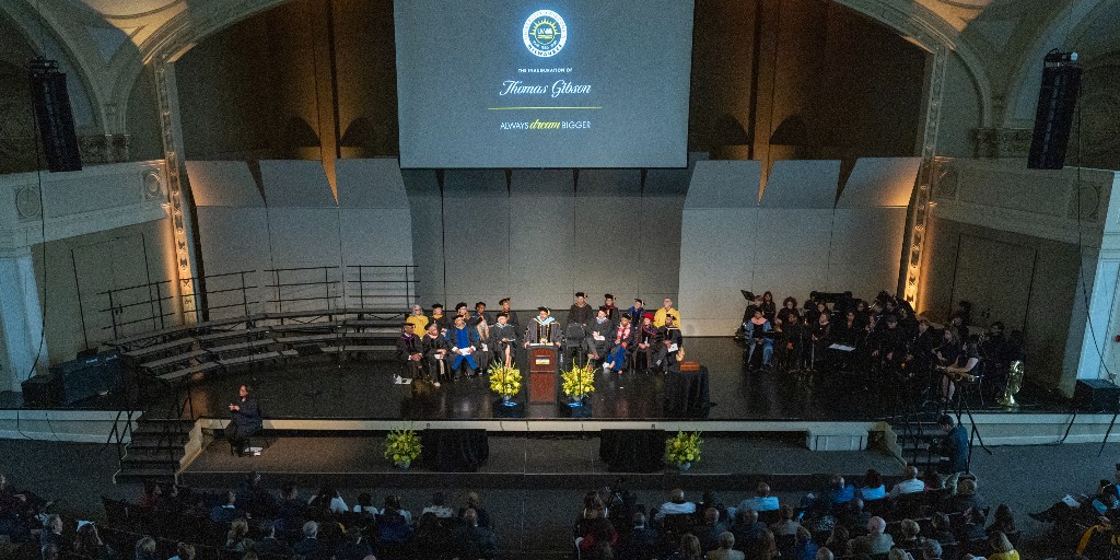 UWM's tweet photo. Last week, our community celebrated Thomas Gibson's inauguration as #UWM’s 10th chancellor. Chancellor Gibson urged UWM's community to be proud of its accomplishments and strive to achieve more. “And let us always, always dream bigger,” he said. Read more: https://t.co/YhjZRgGlbx https://t.co/FVi02484bD