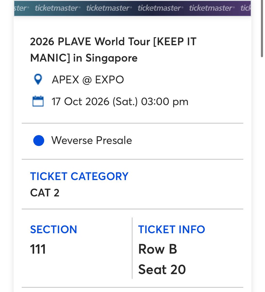 smoothiezzn's tweet photo. (non txt related, helping a friend) 
WTS - PLAVE KEEP IT MANIC IN SINGAPORE

CAT 2 - RM700 

-can nego, can meetup to verify the ticket
-strictly no backout
-rts: cannot make it to sg that day 🥲

help rt pls 🥲 #pasarplavemy @PasarPlaveMY https://t.co/2Q5PMHDo1l