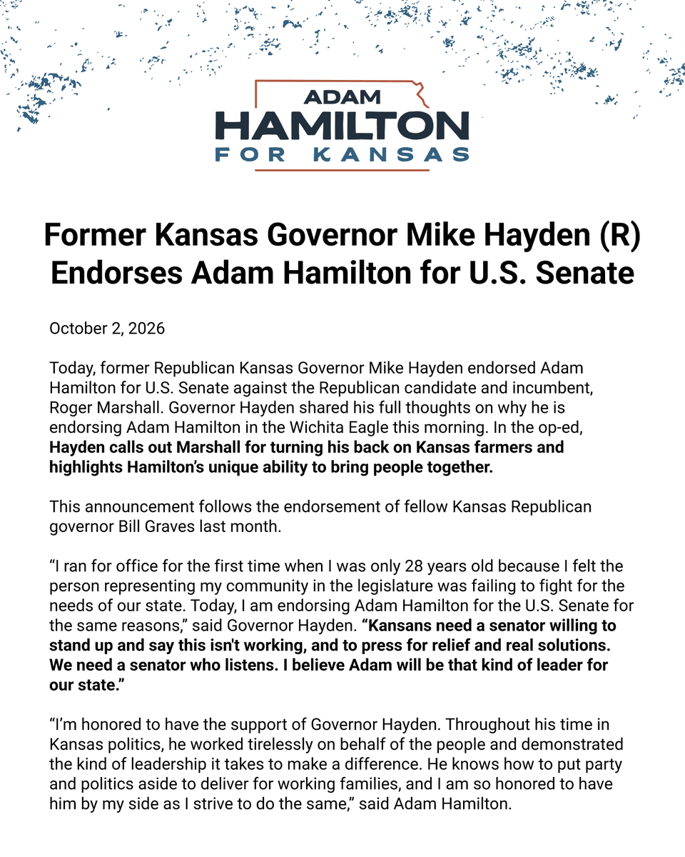 Hamilton4Kansas's tweet photo. Adam is honored to have the endorsement of another Republican Governor, Mike Hayden!

Republicans, Democrats and Independents agree: It's time for something different. 🌻 https://t.co/dEIr7akqt6