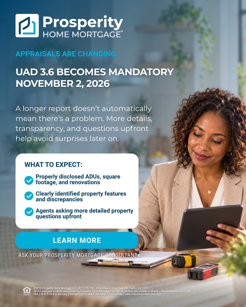 KipWarzon's tweet photo. Appraisals are becoming more detailed, but a longer report doesn’t automatically mean there’s a problem. 🏡 Beginning November 2, 2026, Uniform Appraisal Dataset 3.6 will be required for applicable appraisal submissions. Buyers, sellers and real estate agents may notice more… https://t.co/Rr8FtWDvrX