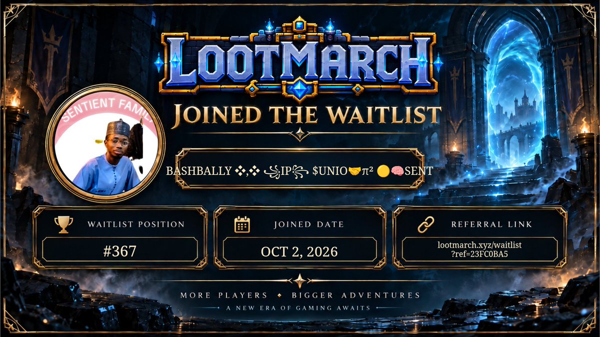 BASHBALLY80's tweet photo. I joined the @PlayLootMarch waitlist ⚔️

The gates are opening soon.

Join the march:
https://t.co/ADNhoovXWt

Every waitlist adventurer starts with the LootMarch Starter Pack. https://t.co/0acNiFxmiA