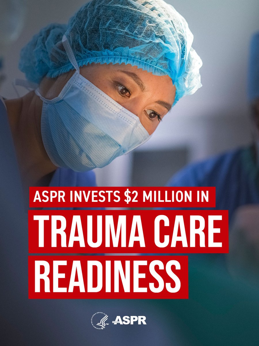 ASPRgov's tweet photo. ASPR is investing $2 million through the Trauma Care Readiness and Coordination Cooperative Agreement to support pilot projects to improve trauma care coordination, patient movement, data sharing, and disaster readiness. Recipients will pilot innovative, scalable models that improve trauma system readiness and access to timely, appropriate care.

🔗 https://t.co/Uf4laLZUfA