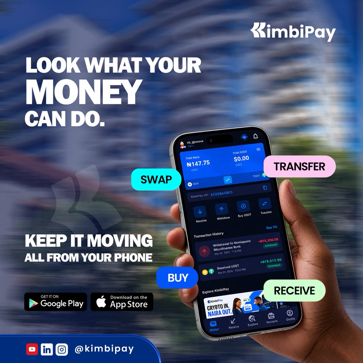 KimbipayNG's tweet photo. With KimbiPay, your money keeps moving. 🔄
Swap, Buy, Transfer &amp; Receive  all seamlessly from your phone. 📱

No stress. No unnecessary steps. Just simple, fast and convenient digital asset transactions.

🚀 Download KimbiPay and keep it moving.

#KimbiPay #KeepItMoving https://t.co/hatBYXJOJ5