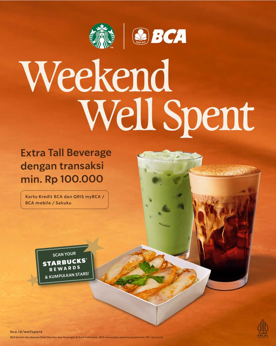 SbuxIndonesia's tweet photo. Got any Saturday plans? Make sure it starts with a little self-reward! 💆‍♀️☕️

Waktunya recharge energi kamu di Starbucks sambil weekly catch-up bareng orang-orang terdekat, ditemenin FREE Tall Beverage setiap jajan makanan atau minuman min. Rp 100rb pakai BCA. 💚

Syarat & Ketentuan:
• Min. pembelian Rp 100rb untuk makanan & minuman  
• Berlaku untuk full payment dengan BCA (Kartu Kredit, QRIS BCA Mobile/myBCA/Sakuku, Paylater BCA, & EDC BCA)  
• Free Tall Beverage berlaku untuk minuman dengan harga lebih rendah  
• Tidak berlaku untuk Reserve Beverage, Ice Cream Beverage, Manual Brew, & special price beverage  
• Tidak termasuk add-on & tidak dapat digabungkan dengan promo lainnya  
• Member Starbucks Rewards tetap bisa collect Stars dengan scan barcode di aplikasi  

We’ll see you at your favorite store! 👋🏻✨