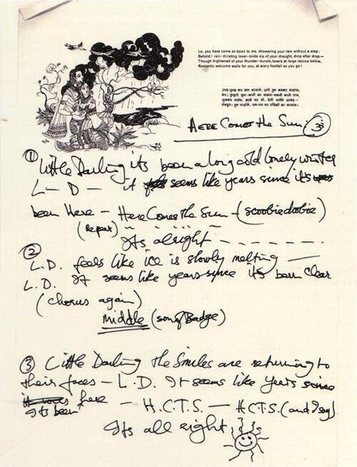 drumdial's tweet photo. #TBT George Harrison's hand-written lyrics for Here Comes The Sun.... seemed appropriate for today. https://t.co/dmJMNN4dBw