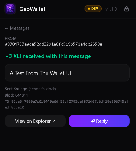 LewSales's tweet photo. 🚨 GeoWallet just learned how to TALK. 💬⛓️
We’ve officially brought on-chain messaging to GeoWallet.

📨 Send a message wallet → wallet
💰 Attach $XL1 directly to the message
📥 Receive messages + XL1 together
🔗 Verify the transaction on-chain
⛓️ Powered by XL1
No phone number.
No email address.
Your wallet address is your inbox.
And yes… the screenshots are REAL. 😎
This started as an experiment.
Now it’s working inside the wallet.
Message + Value. One transaction. On-chain.
#XYO #XL1 #GeoWallet #Blockchain #Web3 #WinLEW