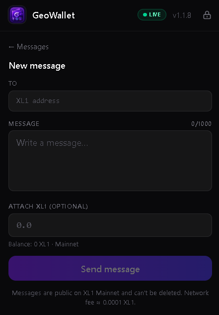 LewSales's tweet photo. 🚨 GeoWallet just learned how to TALK. 💬⛓️
We’ve officially brought on-chain messaging to GeoWallet.

📨 Send a message wallet → wallet
💰 Attach $XL1 directly to the message
📥 Receive messages + XL1 together
🔗 Verify the transaction on-chain
⛓️ Powered by XL1
No phone number.
No email address.
Your wallet address is your inbox.
And yes… the screenshots are REAL. 😎
This started as an experiment.
Now it’s working inside the wallet.
Message + Value. One transaction. On-chain.
#XYO #XL1 #GeoWallet #Blockchain #Web3 #WinLEW
