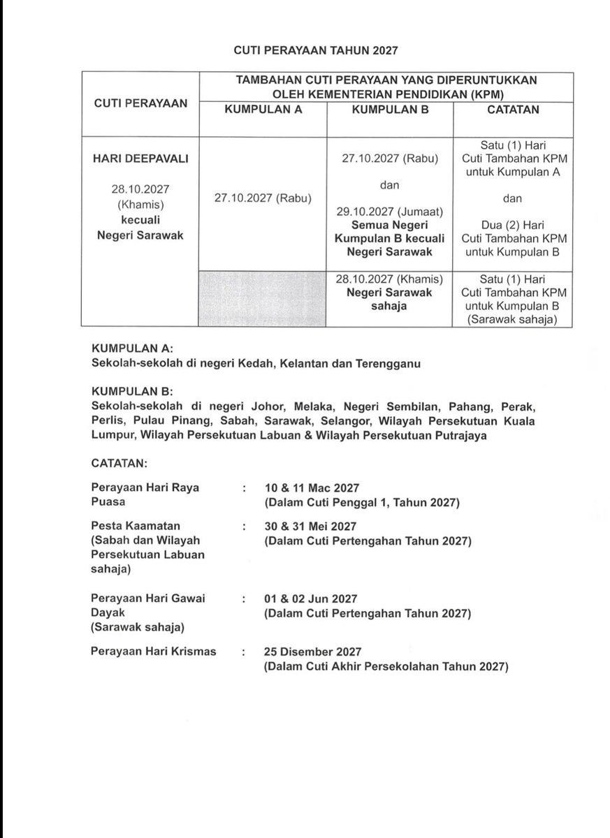 KemPendidikan's tweet photo. 📚 KALENDAR AKADEMIK TAHUN 2027

Kalendar Akademik Tahun 2027 bagi sekolah kerajaan dan sekolah bantuan kerajaan akan bermula pada 4 Januari 2027.

📖 Maklumat lengkap Kalendar Akademik Tahun 2027 serta cuti perayaan boleh rujuk pautan di bawah. 

https://t.co/RqbEBQ7zCR https://t.co/I6nfhk72YI