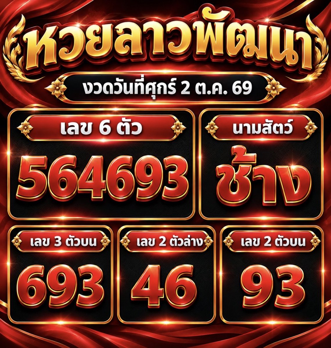 CHOK168_'s tweet photo. 🇱🇦 ผล #หวยลาว งวดวันศุกร์ 2 ต.ค. 69
เลข 6 ตัว : 564693 🎉🥰💞
เลข 2 ตัว : 93
นามสัตว์ : ช้าง

#ตรวจหวย #ຫວຍລາວພັດທະນາ #ຫວຍລາວ #ເລກລາວ #laolottery https://t.co/FIycx9twAX