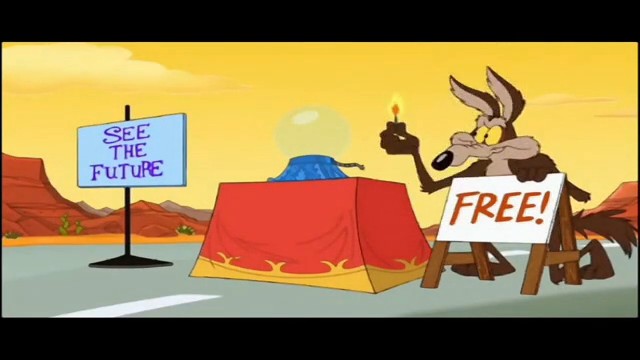 The scene shows Wile E. Coyote in a desert disguise as a fortune teller, with signs reading "SEE THE FUTURE" and "FREE!" alongside a crystal ball—setting up his classic trap to lure the Road Runner.

The post about "using clear paint" suggests the humor lies in the invisible "wall" trap Wile E. has set up off-screen, which only becomes visible when the Road Runner inevitably crashes into it.
