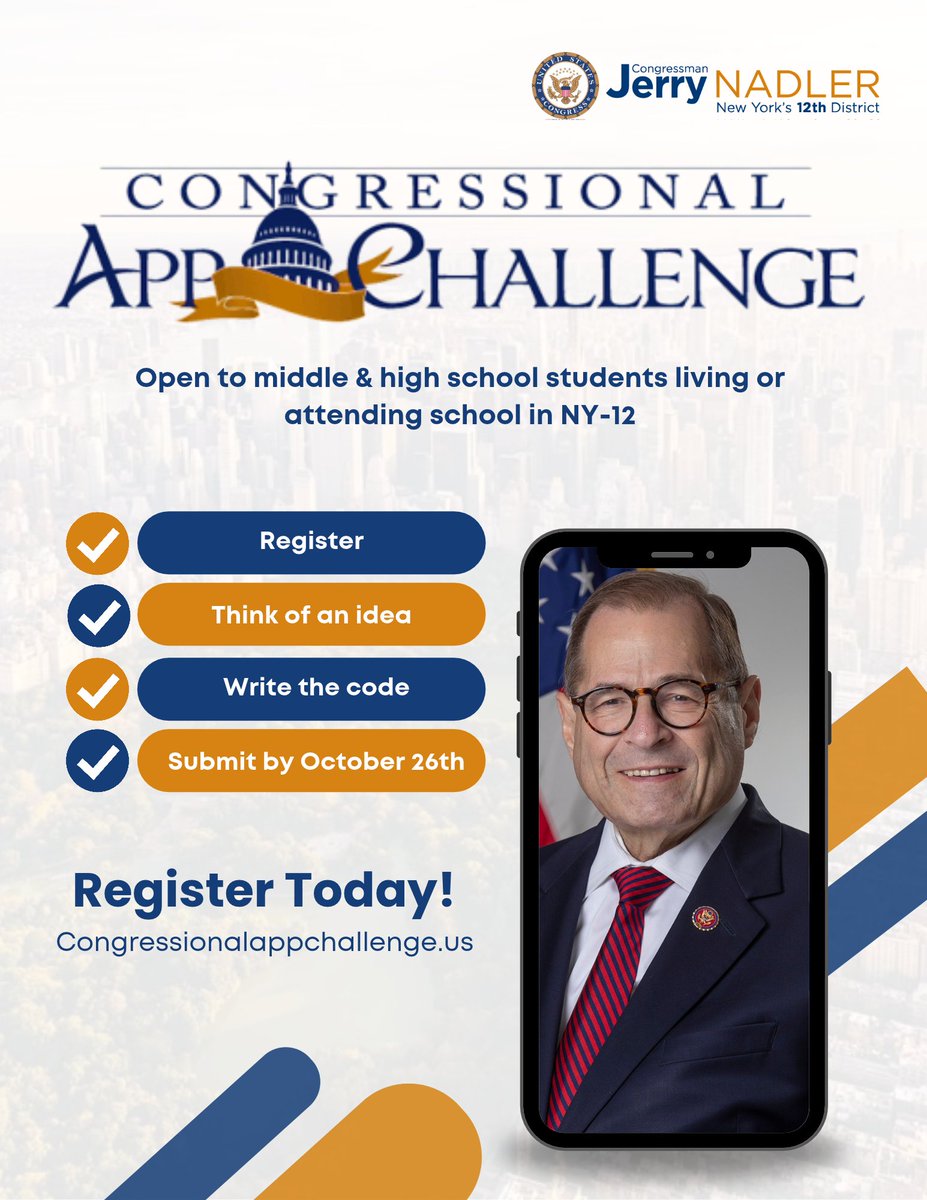 RepJerryNadler's tweet photo. Calling all middle and high school students interested in coding! Submit an app for the 2026 Congressional App Challenge by October 26, 2026. Learn more: https://t.co/865oqzInwn https://t.co/BHU3F4U1mQ