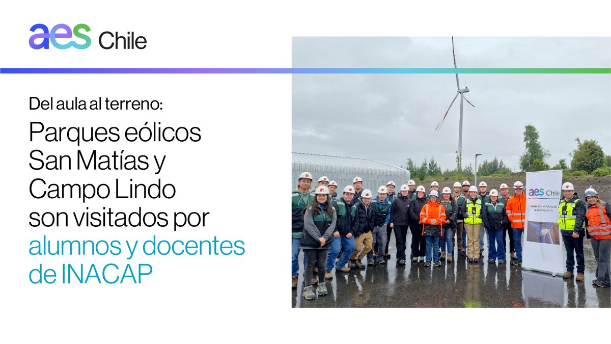 AES_Chile's tweet photo. Docentes y estudiantes de la Escuela de Electricidad y Energías Renovables de @Inacapinos visitaron los parques eólicos San Matías y Campo Lindo en Los Ángeles.

Tras la charla de seguridad, aprendieron sobre operación, medio ambiente y gestión comunitaria en terreno. ⚡ https://t.co/0L6mTUmPKW