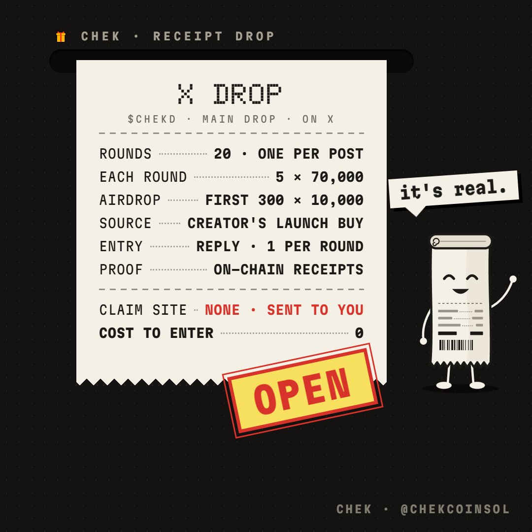chekcoinsol's tweet photo. ROUND 2 of the CHEK giveaway 🧾

5 × 70,000 $CHEKD, drawn only from the replies under this post
+ the first 300 accounts get 10,000 each

follow, repost, reply with your SOL address → paste the reply link at https://t.co/Ycf09uwNDw

#Solana #airdrop https://t.co/lBPHRHYBXe