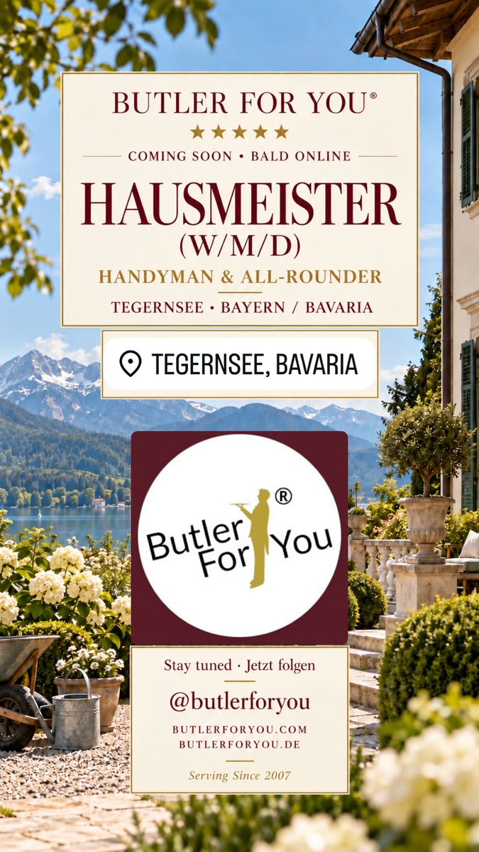 Butler_For_You's tweet photo. BUTLER FOR YOU® wird in Kürze eine attraktive Hausmeisterstelle (w/m/d) für einen neuen Auftraggeber am Tegernsee in Bayern veröffentlichen. 👀 https://t.co/MS3Et8GLmG
#Hausmeister #Allrounder #Handyman #Tegernsee https://t.co/KvaakgMGQd