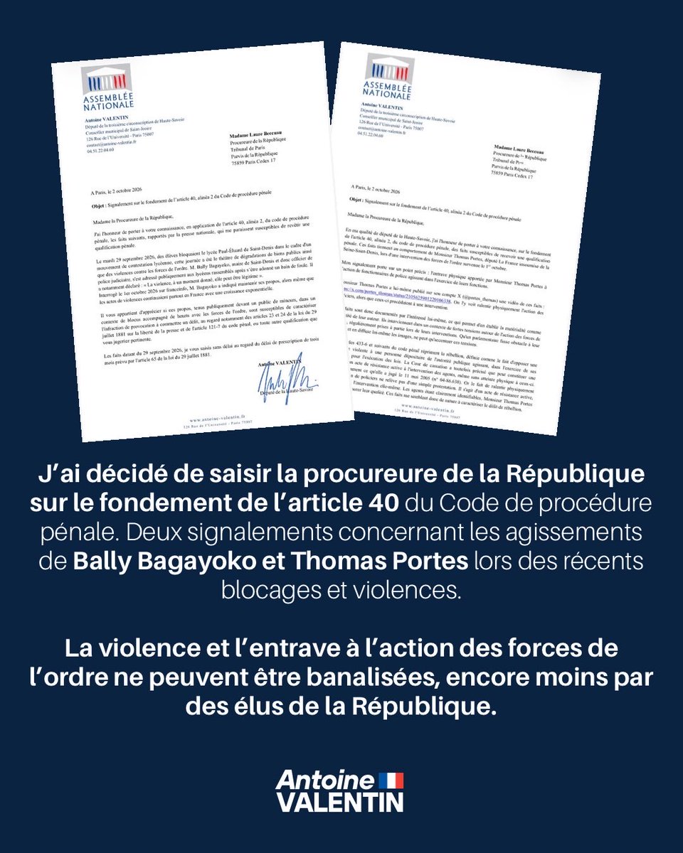 Valentin_Antoi's tweet photo. J’ai saisi la procureure de la République au titre de l’article 40 concernant les agissements de Bally Bagayoko et Thomas Portes.

La violence et l’entrave à l’action des forces de l’ordre ne peuvent être banalisées par les élus LFI. L’ordre doit revenir au plus vite ! https://t.co/S9bCox8ZfO