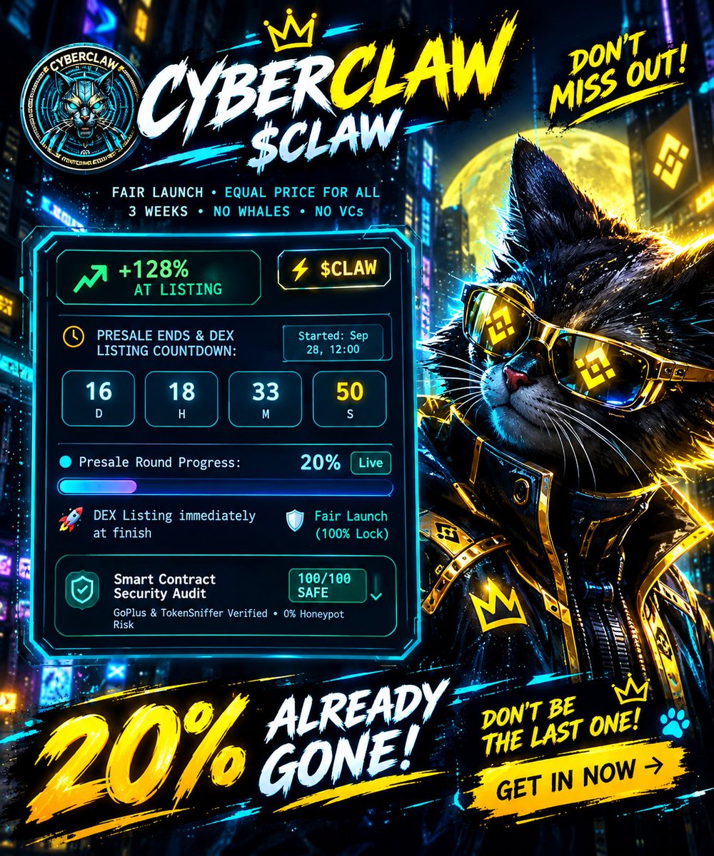 CyberClawOff's tweet photo. 🚨 20% OF THE PRESALE IS ALREADY GONE! 🐾

CYBERCLAW $CLAW is moving — and the countdown is ticking. ⏳

⚡ Fair Launch
🔥 20% SOLD
🚀 DEX listing immediately after presale
🛡 100/100 security verification

The early spots won’t last forever.

Don’t watch from the sidelines. 👀🐾

👇 Get in before the next milestone.

$CLAW #CYBERCLAW #BNBChain #Crypto #MemeCoin #Presale #DeFi