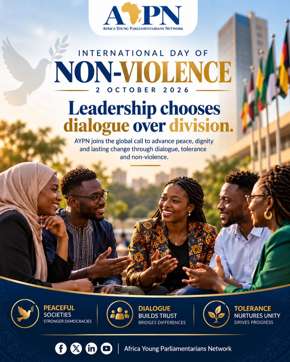 AfricaYPN's tweet photo. On this #InternationalDayOfNonViolence, AYPN reaffirms the importance of dialogue, mutual respect and peaceful engagement in building stronger democracies and inclusive societies.
Peace remains the foundation for shared progress.
#AYPN #Peace #Africa https://t.co/ZAXHbNhMgj