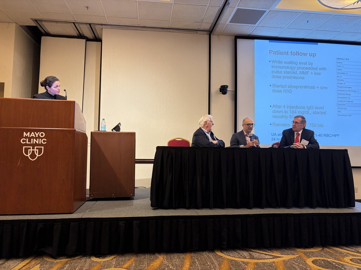LeticiaRolonMD's tweet photo. Dr. @LadanZand leading a panel of experts @fervenzaf, @poyanmehr, &amp; @GlassockJ through a complex series of cases in IgA nephropathy. Thought-provoking discussion on the when, who, what of immunosuppression v. conservative management! @MayoClinicNeph https://t.co/xpzvA8tJOs
