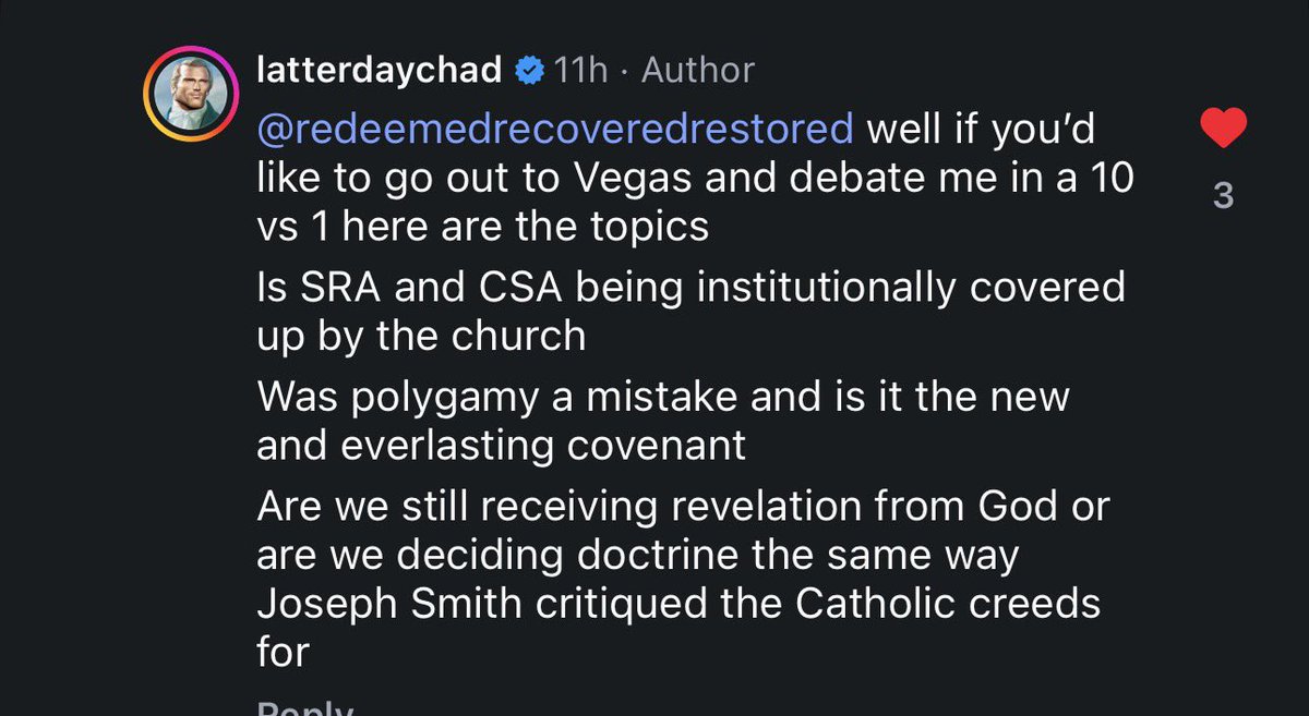 stackerco's tweet photo. Saw this from Latter Day Chad and thought these are very meaningful questions about the LDS church right now:

1. Is SRA and CSA being institutionally covered up by the LDS church?

2. Was polygamy a mistake and is it the new and everlasting covenant?

3. Are we still receiving revelation from God or are we deciding doctrine the same way
Joseph Smith critiqued the Catholic creeds?