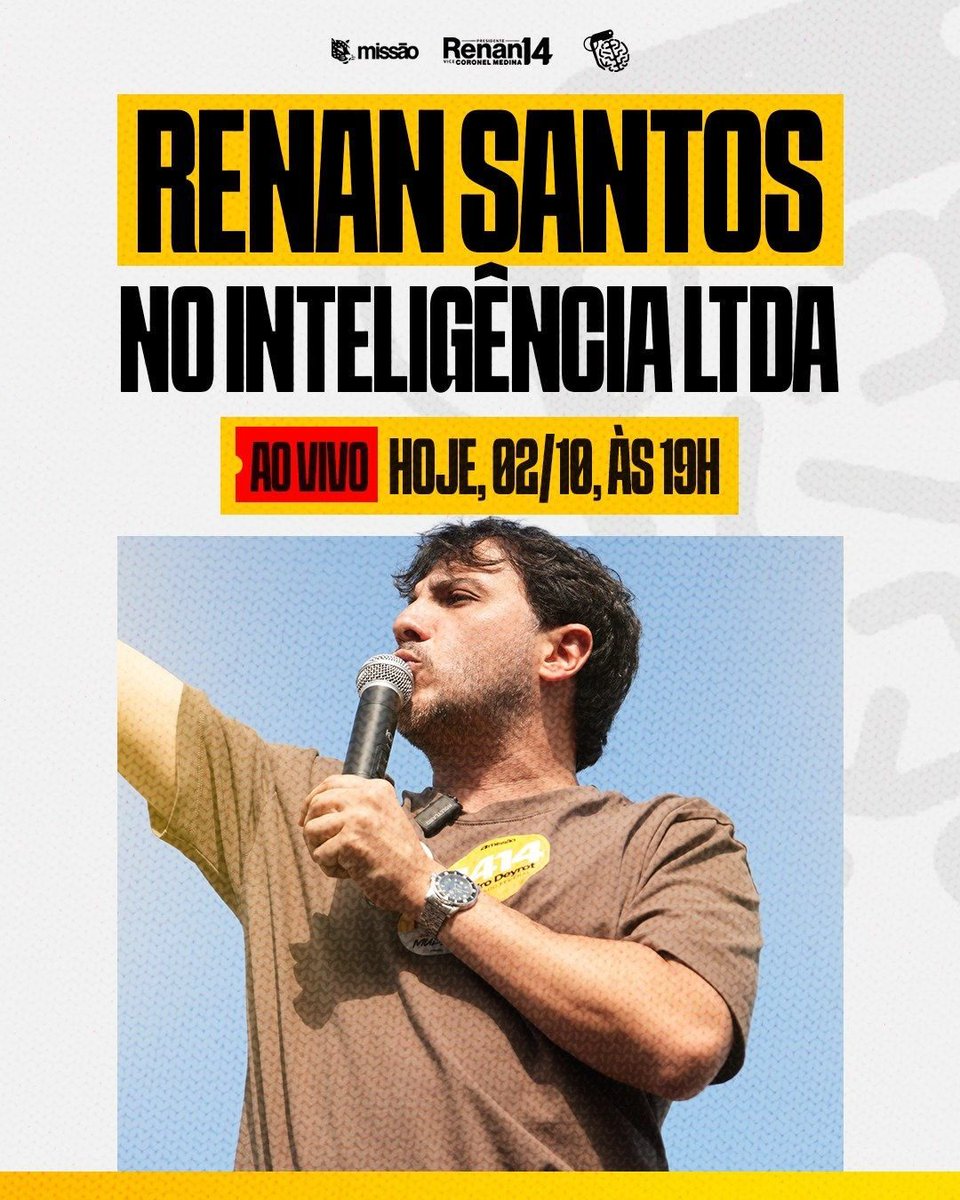 _AnaHering's tweet photo. 🚨 É HOJE!

A partir das 19h, Renan Santos estará ao vivo no Inteligência Ltda., com @RogerioVilela.

Compartilhem com o máximo de pessoas possível para que mais gente conheça as ideias de Renan e da Missão.

Domingo é 14 e 1400! https://t.co/UV8HU8Bdei