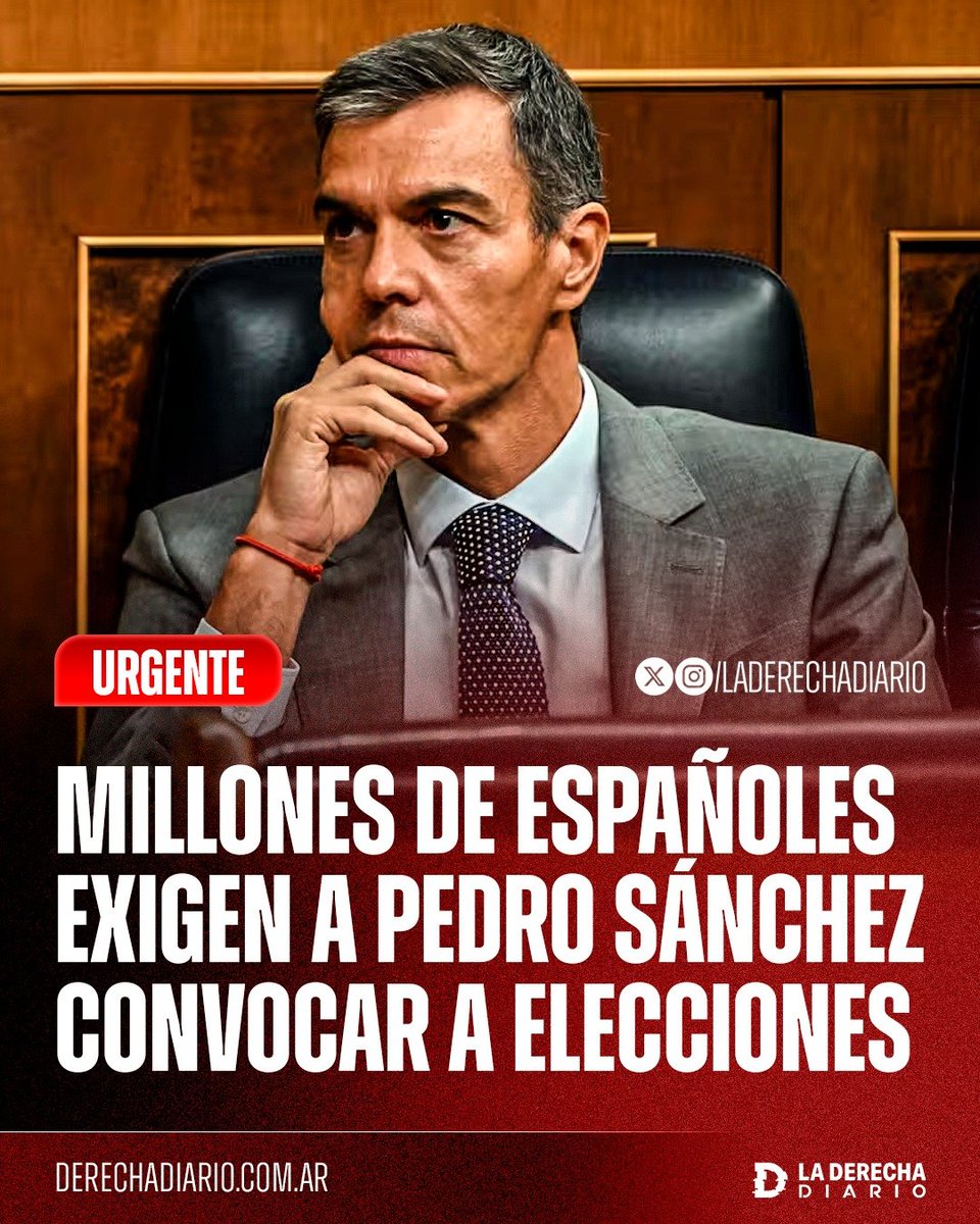 laderechadiario's tweet photo. 🚨🇪🇸 | URGENTE - MILLONES DE ESPAÑOLES EXIGEN A PEDRO SÁNCHEZ CONVOCAR A ELECCIONES

Tras el rechazo del Congreso a los dos decretos socialistas de vivienda que había firmado el corrupto presidente, el propio entorno del Gobierno español dejó entrever que está considerando convocar a elecciones anticipadas, lo que daría lugar a un nuevo Congreso que definiría al nuevo presidente de España.

La decisión no estaría fundamentada en el pedido de la sociedad, que exige la renuncia del corrupto Pedro Sánchez desde hace años, sino en un cálculo político de la izquierda en el contexto de la crisis de la vivienda, buscando que los españoles elijan mayoritariamente al PSOE y Sumar para poder aprobar los decretos de vivienda que fueron rechazados por Vox, el PP y Junts.