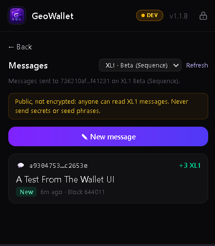 LewSales's tweet photo. 🚨 GeoWallet just learned how to TALK. 💬⛓️
We’ve officially brought on-chain messaging to GeoWallet.

📨 Send a message wallet → wallet
💰 Attach $XL1 directly to the message
📥 Receive messages + XL1 together
🔗 Verify the transaction on-chain
⛓️ Powered by XL1
No phone number.
No email address.
Your wallet address is your inbox.
And yes… the screenshots are REAL. 😎
This started as an experiment.
Now it’s working inside the wallet.
Message + Value. One transaction. On-chain.
#XYO #XL1 #GeoWallet #Blockchain #Web3 #WinLEW